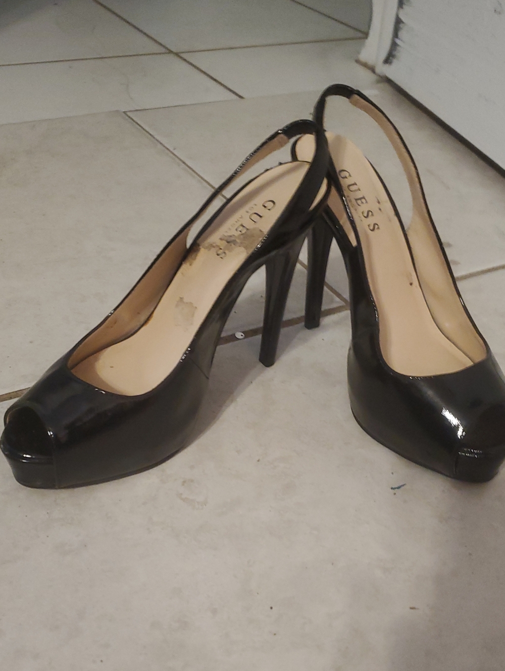Guess Black Patent Peep-Toe Slingback Heels
